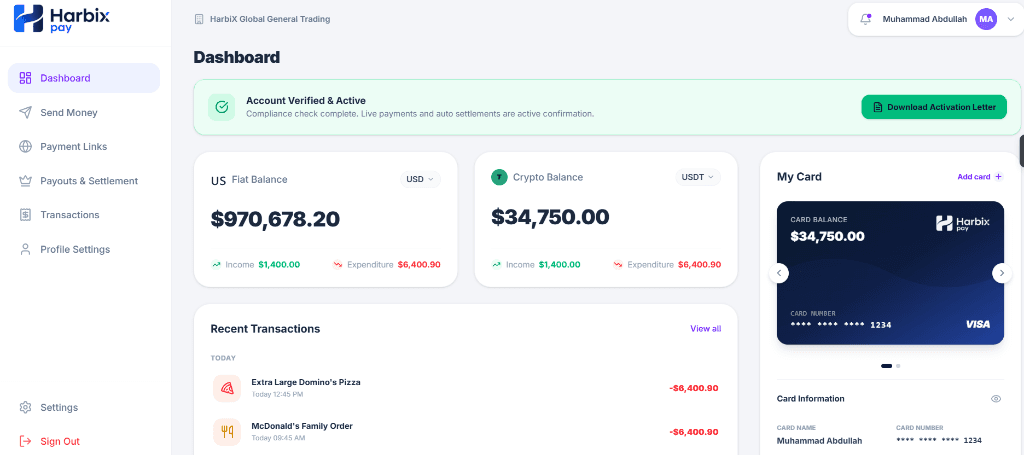 Harbix Pay Dashboard — Live platform view showing balances, transactions and card